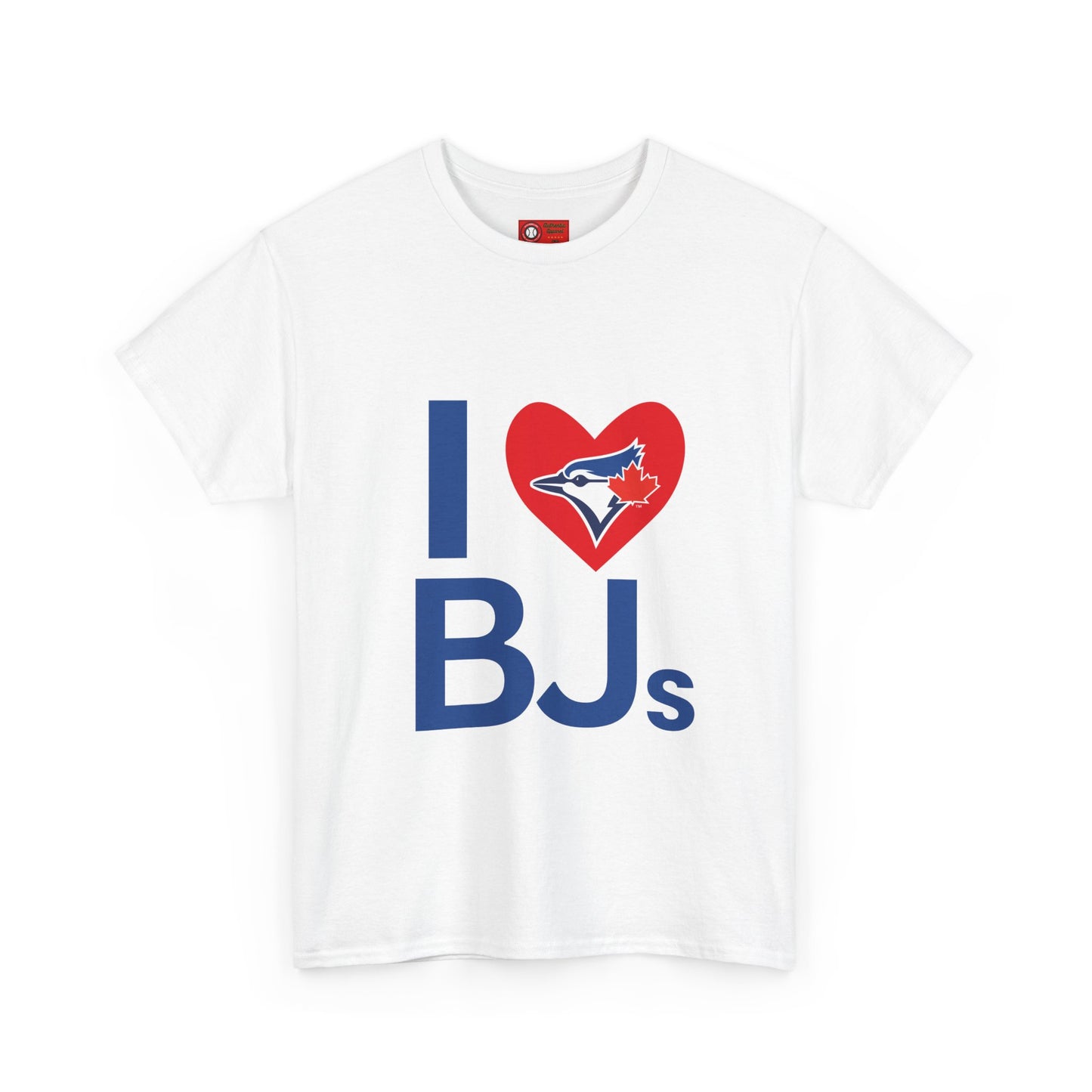 White t-shirt with 'I ❤️ BJ“s' text and logo on a white background