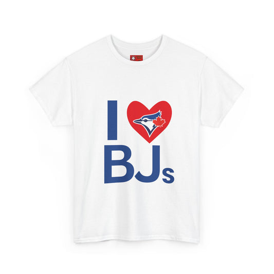 White t-shirt with 'I ❤️ BJ“s' text and logo on a white background