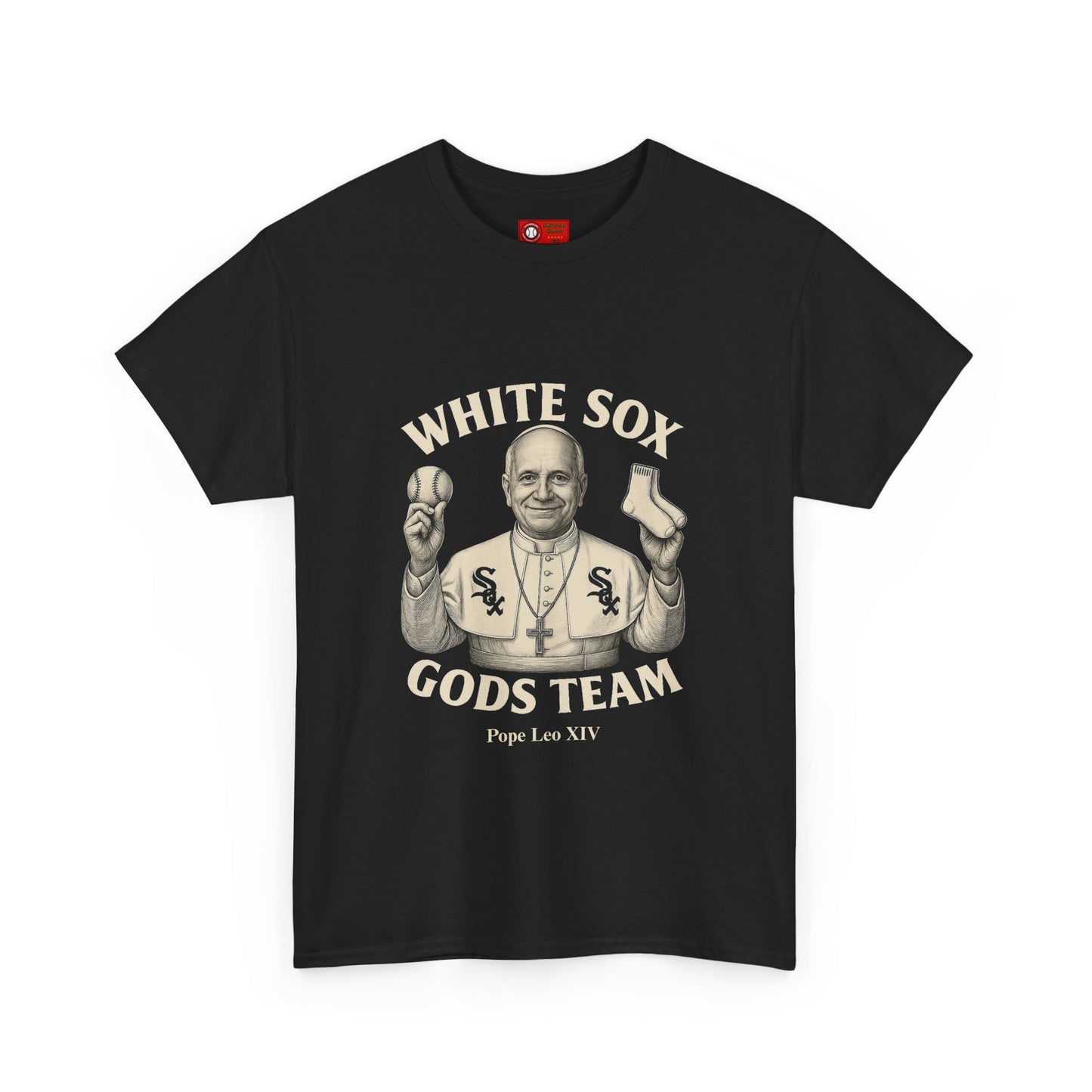 Black t-shirt with Pope Leo XIV graphic and 'White Sox Gods Team' text on a white background