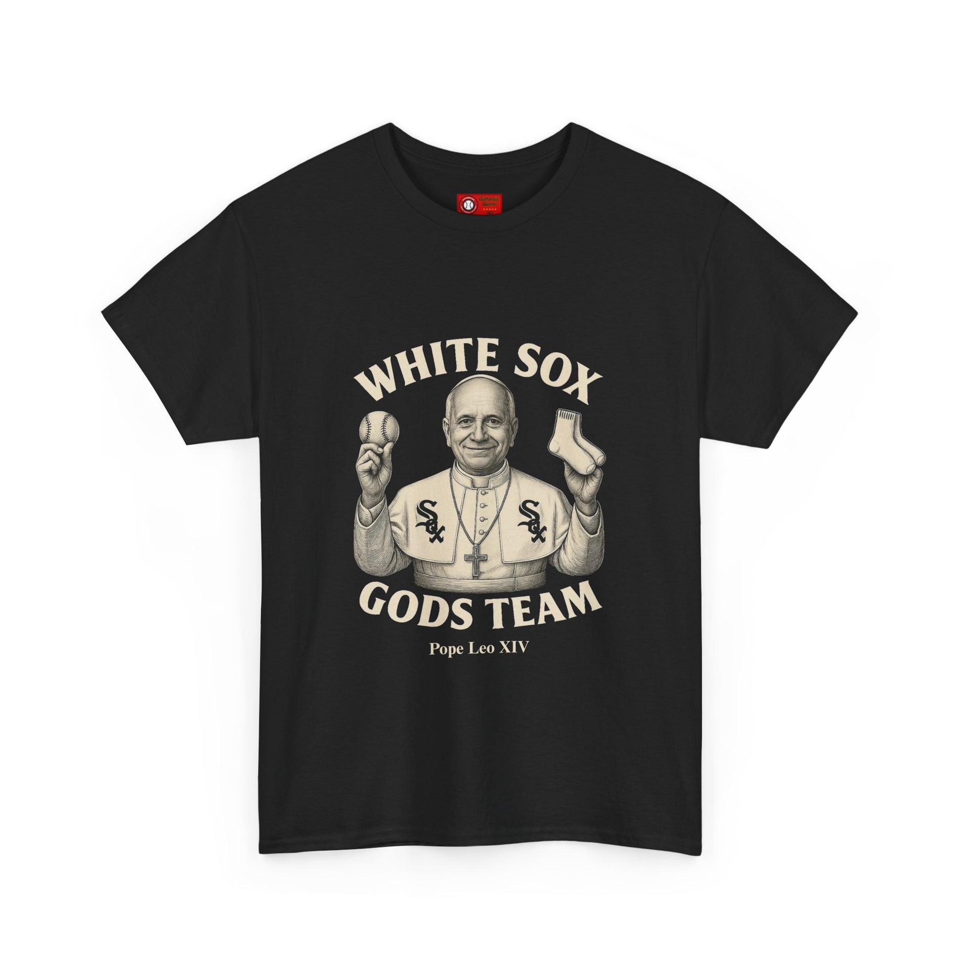 Black t-shirt with Pope Leo XIV graphic and 'White Sox Gods Team' text on a white background