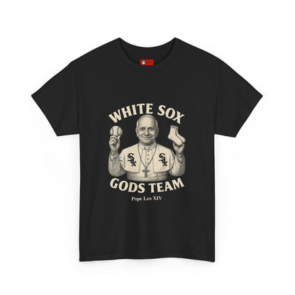 Black t-shirt with Pope Leo XIV graphic and 'White Sox Gods Team' text on a white background