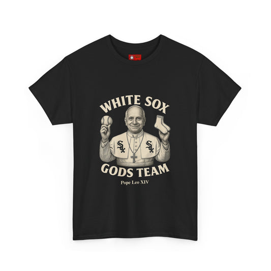 Black t-shirt with Pope Leo XIV graphic and 'White Sox Gods Team' text on a white background