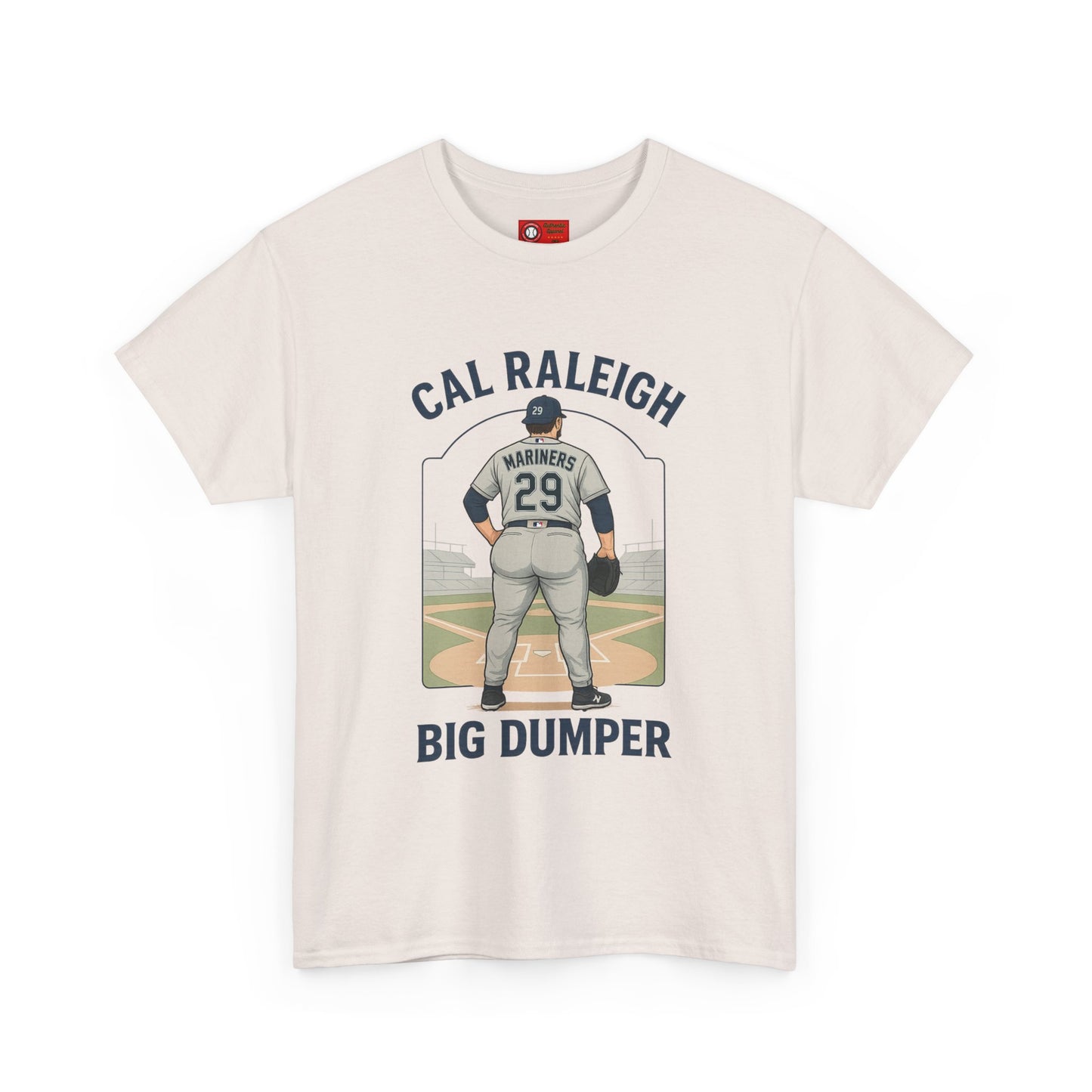 Beige t-shirt with a graphic of a baseball player and text on a white background
