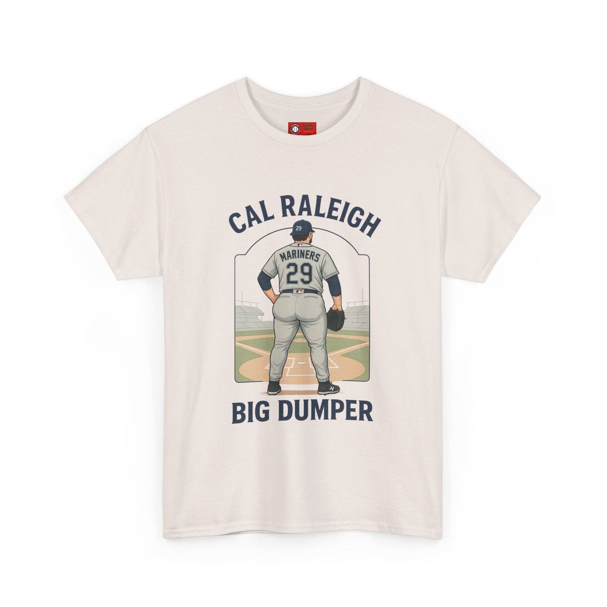 Beige t-shirt with a graphic of a baseball player and text on a white background