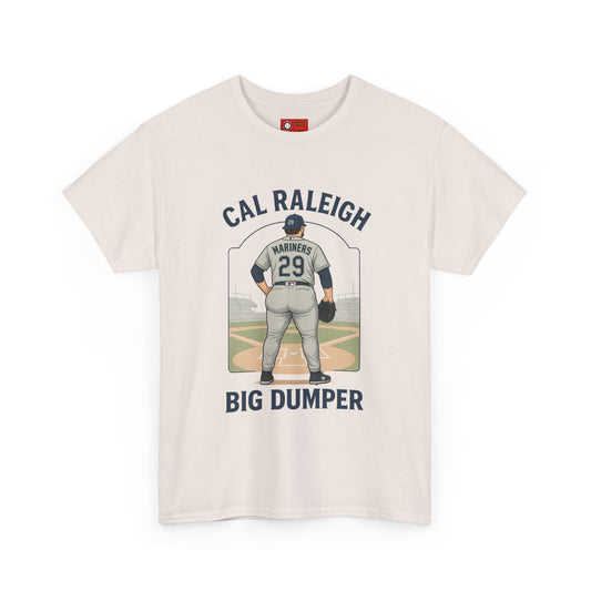 Beige t-shirt with a graphic of a baseball player and text on a white background