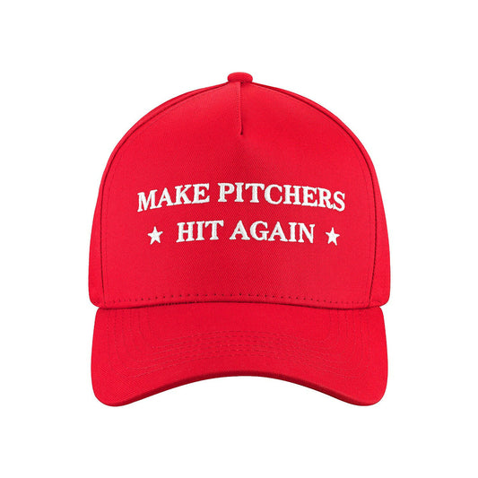 Make Pitchers Hit Again Red Baseball Cap Front.