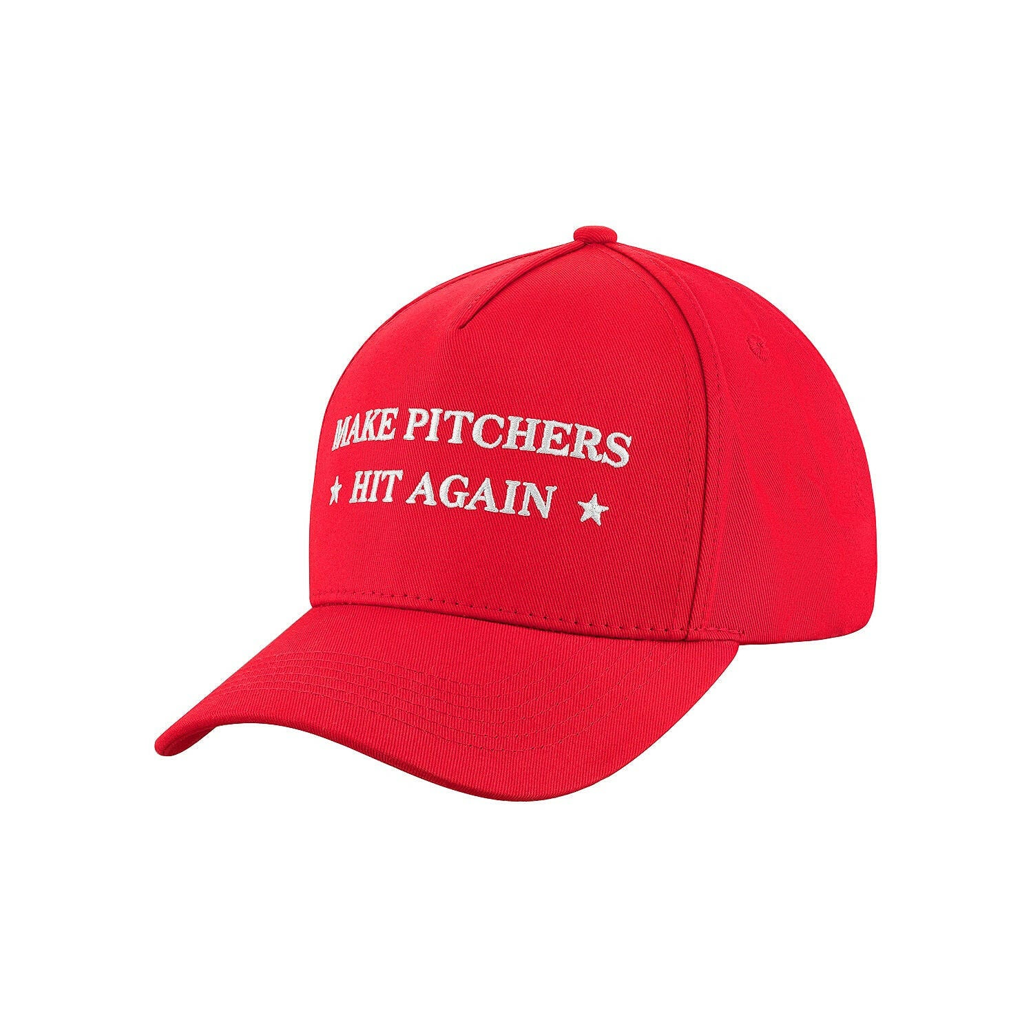 Make Pitchers Hit Again Red Baseball Cap Side.